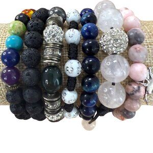 Stack Set Of 7 Beaded Adjustable Bracelets With Lava Rock Gemstone & Crystal Bea
